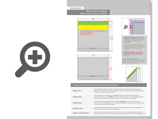 Product Bild block_mit_leimbindung_und_deckblatt__din_a6_quer__200_blatt__5_0_farbig_einseitig_bedruckt_(cmyk_4-farbig_+_1_sonderfarbe_hks_oder_pantone)